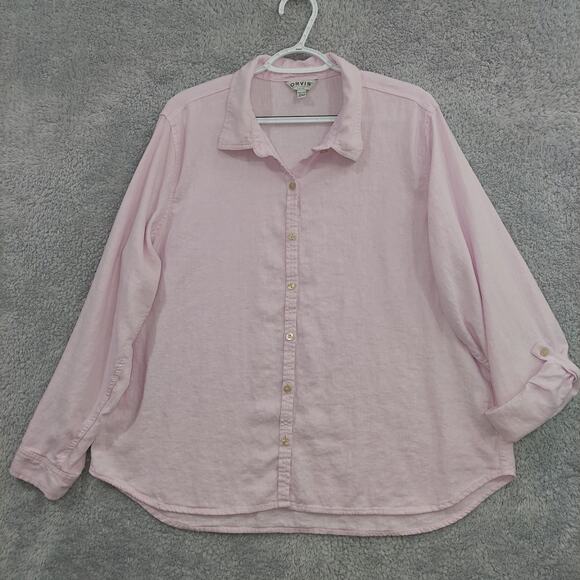 Orvis Shirt Women's XXL Pink Linen Blend Button Up Collared Roll Tab Long Sleeve - Picture 1 of 12